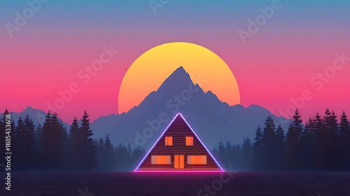 Neon Triangle Cabin Silhouette Against Retro Sunset and Mountain Horizon