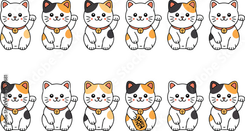 Lucky Cat Maneki Neko Collection  Waving Calico Cats and Japanese Fortune Symbols
