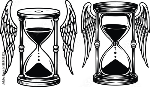 Winged Hourglass Time Symbol Illustration Black and White.