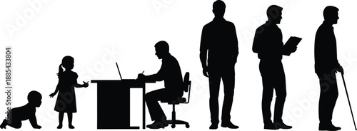Silhouette sequence showing human life stages from infancy to old age: crawling baby, child, working adult, parent, and elderly person with cane