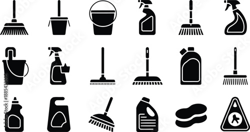 Selection of black silhouette icons depicting various common cleaning tools against a plain white backdrop