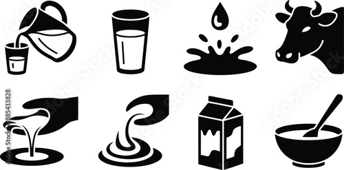 Set of black glyph icons portraying milk, dairy products, and a cow in a clean style