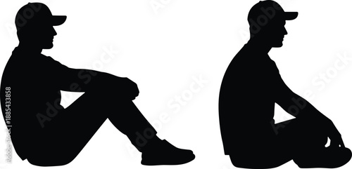 Two seated silhouette figures wearing caps facing each other in conversation, minimalist black vector art for dialogue, friendship, urban youth