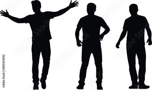 Three black silhouette figures showing varied human postures and gestures against white background, minimalist vector art for body language and design