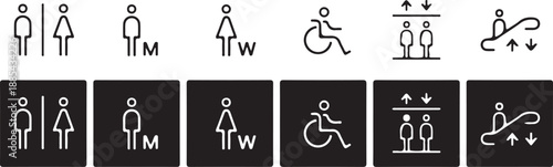 restroom gender symbol black white line icons set man woman disable vector illustration black background