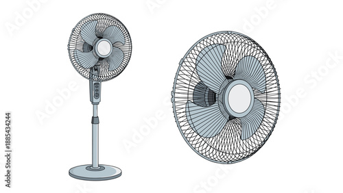 Electric cooling fans including a pedestal floor model and a close up view of the rotating blades provide ventilation in hot weather.