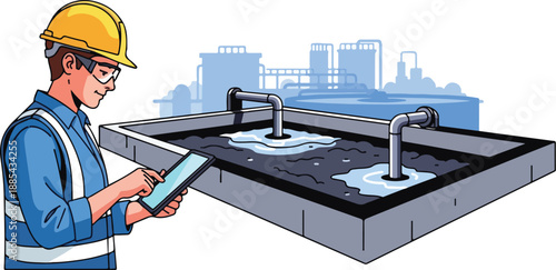 A worker in a hard hat examines a large industrial water tank with two taps.