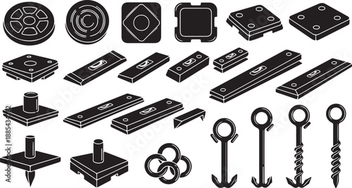 Various hardware tools and fasteners in black and white