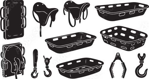 Collection of black silhouettes of hooks and containers isolated