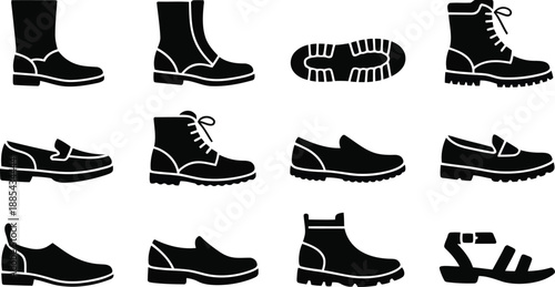 This image shows a compilation of black silhouette footwear icons alongside their detailed sole patterns