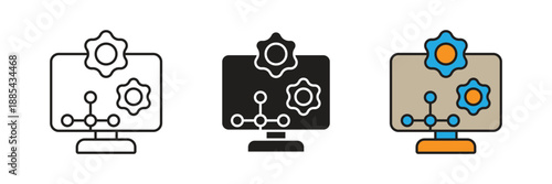 Data Analytics Icon. Digital dashboard icon featuring gear settings and connected data points on a screen, representing smart analytics, backend development, and process optimization.