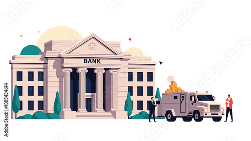 Large bank building architecture stands with columns as an armored security truck waits for a cash transfer on the street.