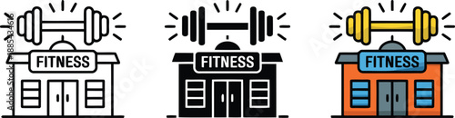 Three distinct icons showing a fitness gym building with a dumbbell on the roof in various styles