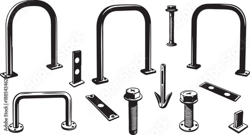 Collection of metal bolts and screws hardware components