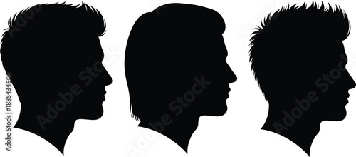 Three profile head silhouettes showcasing diverse modern hairstyles and haircuts in black vector art, minimalist barber salon and beauty concept
