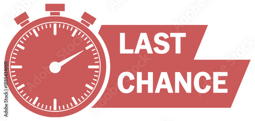 Red ribbon with clock and last chance seal, sale banner countdown alarm clock, retail promotion shop social media marketing illustration