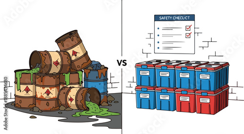 Toxic waste barrels versus organized safety storage containers in industrial setting with strict regulations