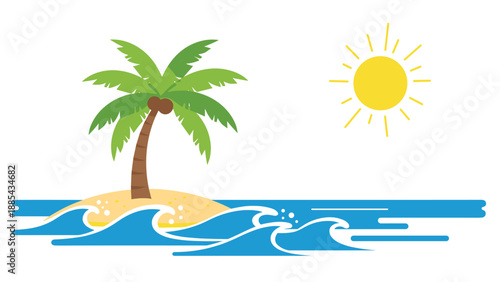 Peaceful tropical island features a tall green palm tree on a sandy beach surrounded by ocean waves under a bright sun.