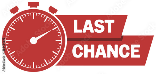 Red ribbon countdown banner, last chance seal with alarm clock, retail sale promotion, shop marketing social media illustration