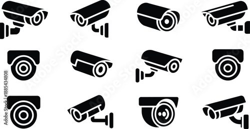 Twelve solid black security camera icons illustrating various surveillance and monitoring systems