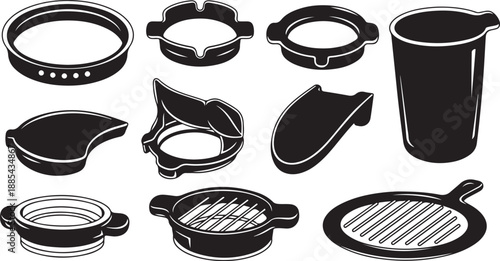 Black and white kitchen cookware icons set illustration design