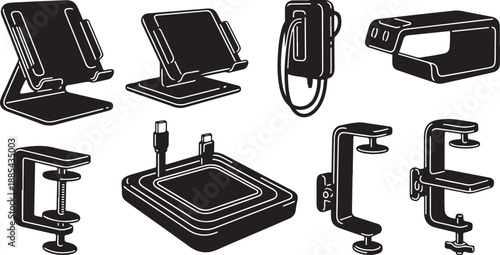 Various tablet and phone holders in black and white