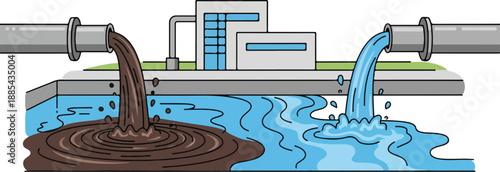 Industrial wastewater flows into a polluted waterway via a pipe