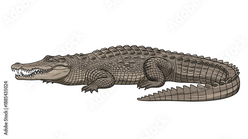 Large green crocodile rests on a white background showing its scaly skin and powerful tail in a detailed vector style.