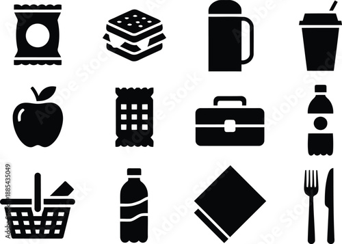 Variety of black glyph food and drink icons perfect for mealtime and snack representations