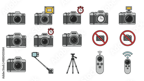 Diverse set of photography equipment icons includes digital cameras with flash units tripods and wireless remote controls.
