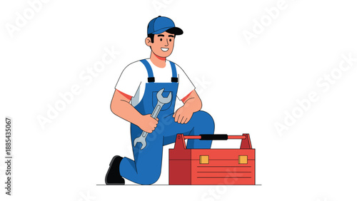 Professional repairman in blue overalls kneels next to his red toolbox while holding a large metal wrench for a job.