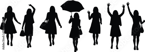 Six women silhouettes in dresses carrying handbags and umbrella, walking and posing in dynamic gestures, fashion vector set for lifestyle design