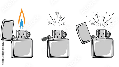 Sequence of three metal lighters shows the process of sparking and creating a flame against a clean white background.