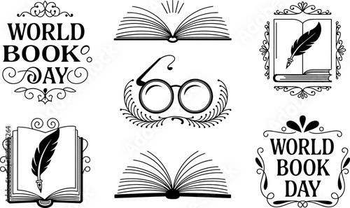 World book day icons with books and glasses