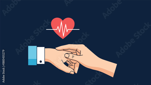 Medical professional takes a patient pulse on their wrist while a red heart icon with an EKG line floats above them.