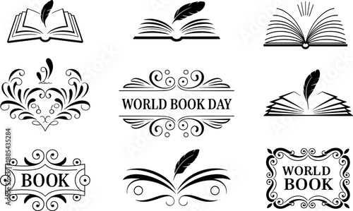 World book day symbols and bookmarks with feathers