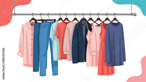 Variety of stylish clothes including shirts jeans and dresses hang neatly on a metal rack against a colorful backdrop.