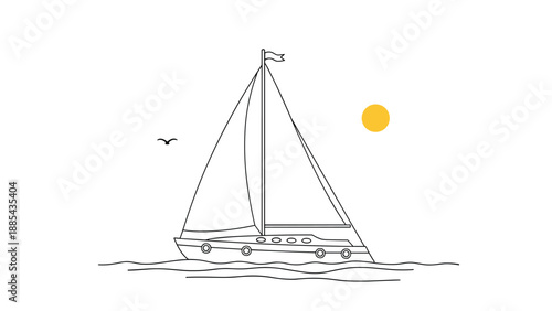 Minimalist illustration of a sailboat floating on calm ocean waves under a bright yellow sun with a flying seagull.