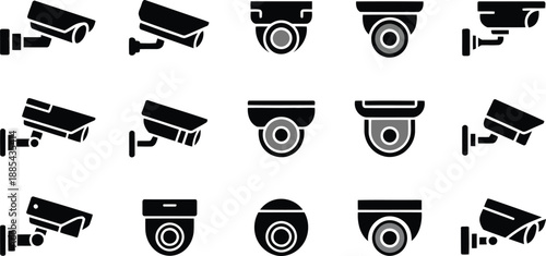 Various black and gray surveillance camera icons representing modern security technology on a white field