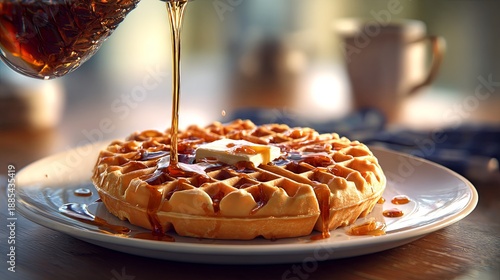 A tasty waffle breakfast topped with a generous drizzle of maple syrup, creating a warm, sweet, and inviting start to the day
