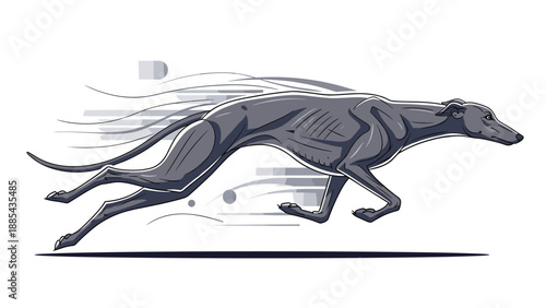Fast greyhound dog runs at high speed with motion lines to emphasize its athletic power and agility during a race event.