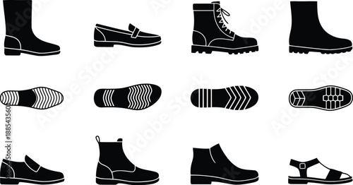 Various black silhouette icons display a wide range of different footwear options and unique sole patterns