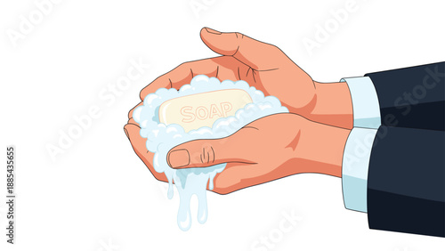Pair of human hands in a business suit washing with a bar of white soap producing many bubbles to promote hygiene and health.