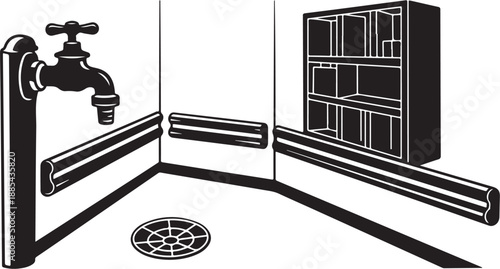 Black and white bathroom interior with shower and shelves