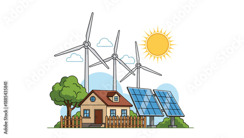 Eco-friendly house powered by renewable energy from wind turbines and solar panels under a bright sun representing sustainable living.