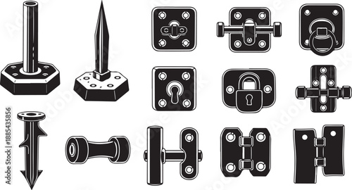 Collection of various metal hardware and security devices