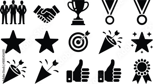 Various black success and achievement icons including trophies, medals, stars, and business partnership symbols