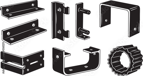 Industrial metal brackets and hardware components set illustration