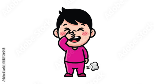 Cartoon illustration of a young boy blowing his nose with a tissue on a plain white background with a comical expression.