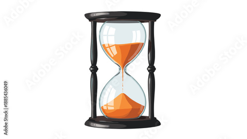 Traditional hourglass with orange sand flowing through glass bulbs is standing on a dark wooden frame over a plain white background.